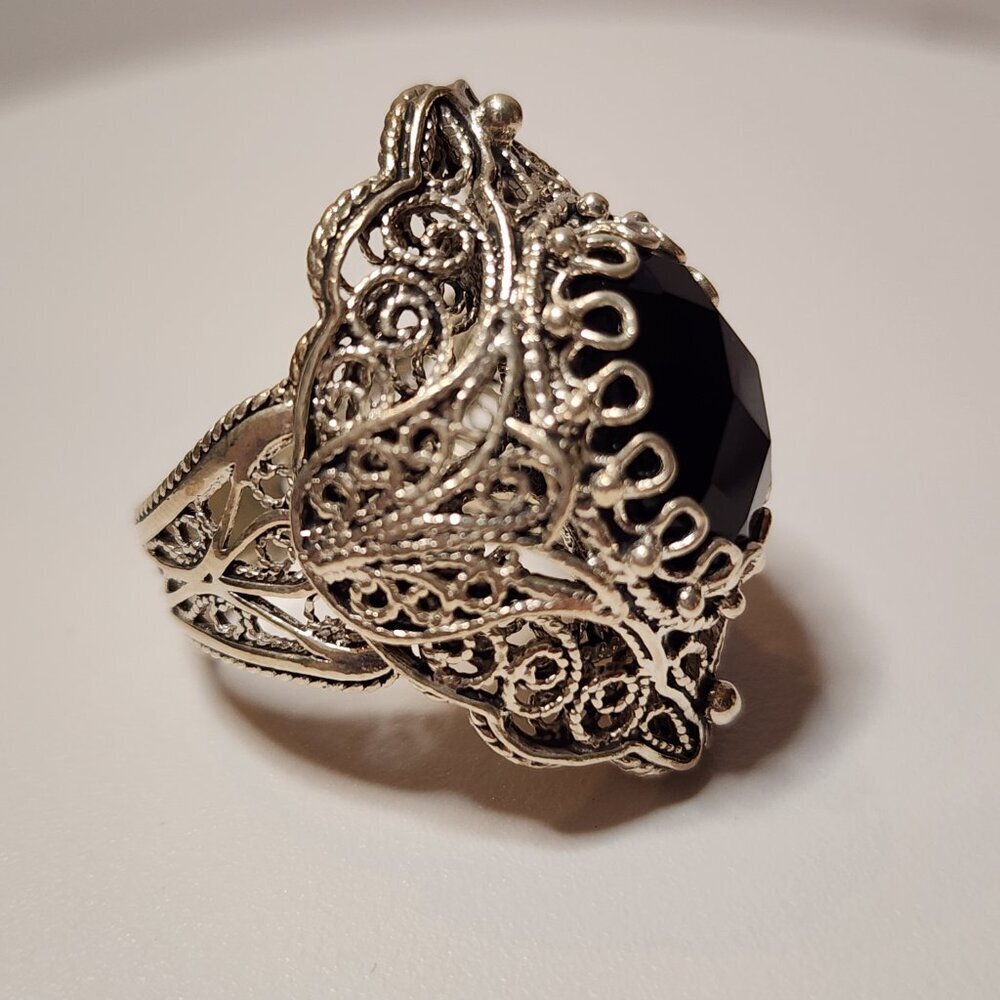 Vintage 925 Silver Black Onyx Filigree Ring - Picture 3 of 8